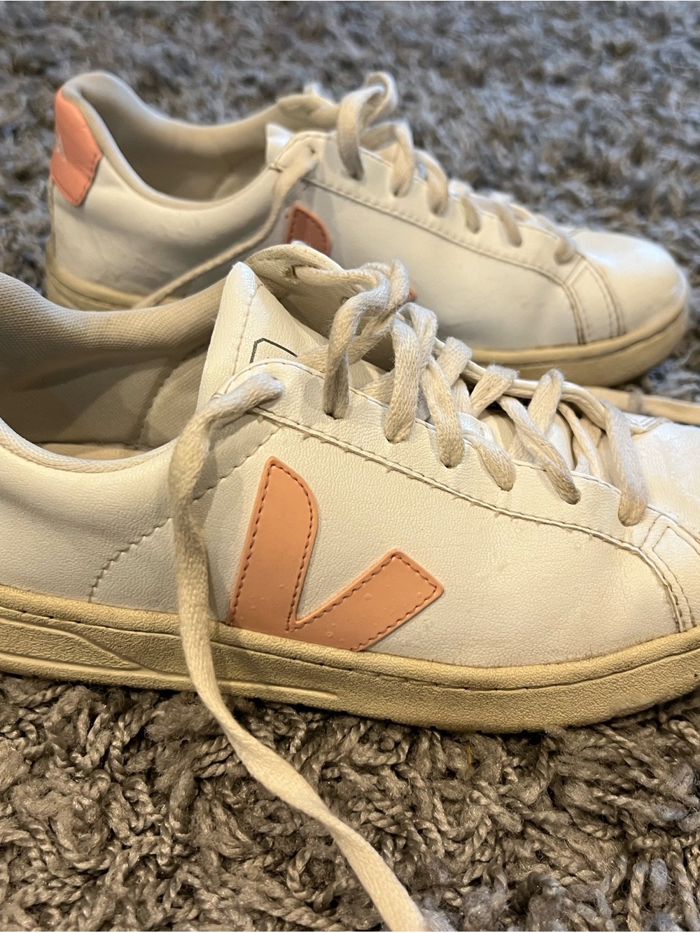 Veja Women's Cream Leather Sneakers with Pink V Accent